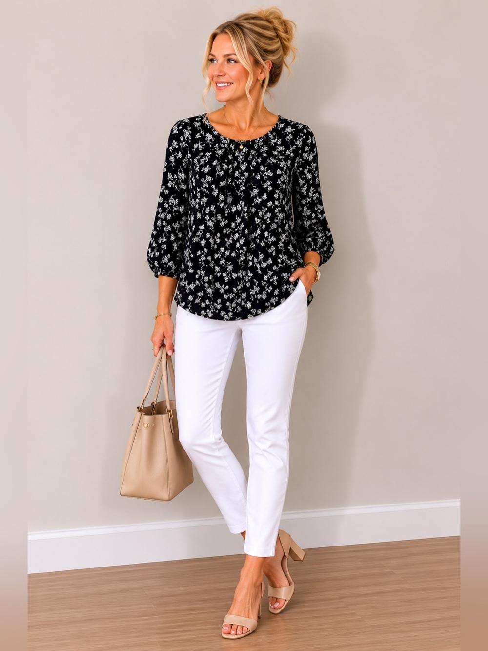NWT 41 Hawthorn Chic Black & White Floral Print Pleat Detail Blouse Size Small